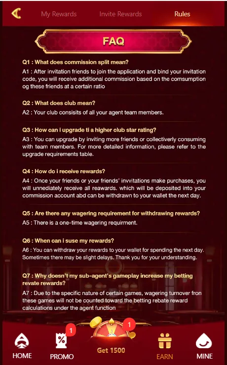 PKplus game FAQ screen detailing agent commission splits, club star ratings, reward withdrawals, and wagering requirements