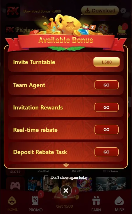 PKPlus app screen showing the Available Bonus pop-up with options including Team Agent, Invitation Rewards, and more rewards