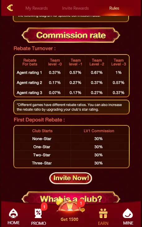 PKplus app screen showing commission rate tables for rebate turnover and first deposit rebates