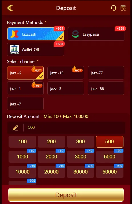 PKplus deposit screen showing JazzCash, Easypaisa, and Wallet-QR payment options with preset amount buttons