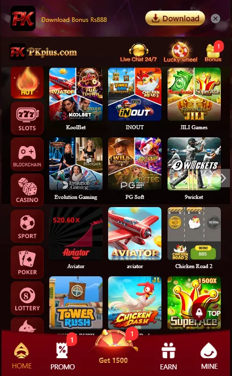 PKplus game lobby showing categories including slots, casino, poker, and more