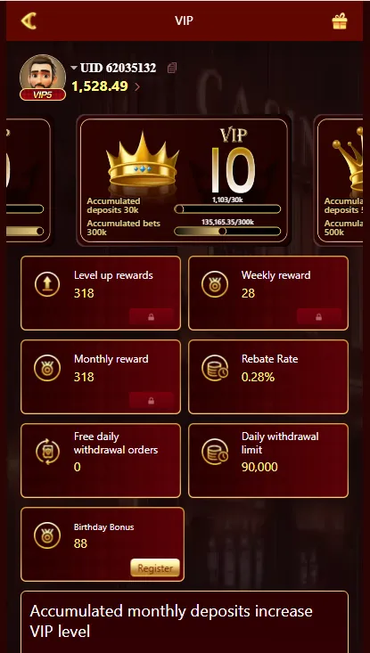 PKPlus app VIP dashboard displaying level progression, level-up rewards, weekly and monthly bonuses, and rebate rates
