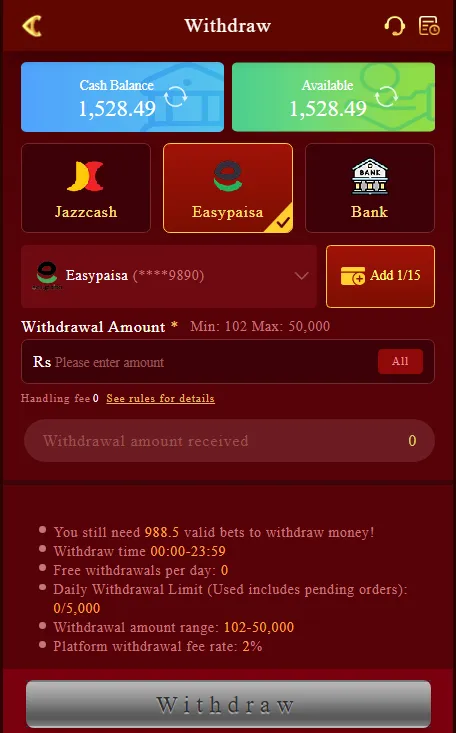 PKplus withdrawal screen showing available balance, JazzCash and Easypaisa options, handling fees, and daily withdrawal limits